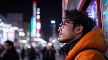 Poster - Urban Sophistication South Korean Male Professional, 30s, Engages in Contactless Payment in Sleek Nighttime Convenience Store Fintech and Digital Innovation in Modern Business