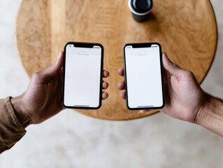 Poster - Modern Cashless Exchange Minimalist Smartphone Wallets in Warm Wood CafeFintech Innovation for Seamless Peer-to-Peer Transfers in Urban Social Settings