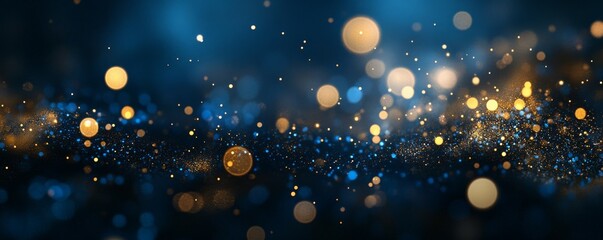 Gold and dark blue Fireworks and bokeh in New Year eve and copy space. Abstract background holiday.