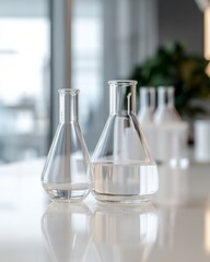 Aufkleber - Minimalist Laboratory Aesthetic Transparent Glass Flasks on Glossy Surface - Contemporary Scientific Ambiance for Precision Research and Pharmaceutical Branding