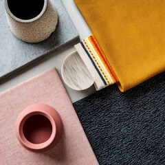 Poster - Scandinavian Modern Fabric Showcase Textural Swatches and Floorplans on Marble - Interior Design Content for Creative Workspaces and Textile Innovation
