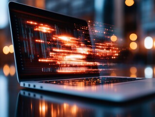 Aufkleber - Contemporary Digital Growth Visualization Sleek Laptop with Dynamic Light Trails - Business Innovation and Tech-Driven Market Strategy for Professionals
