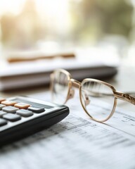 Aufkleber - Contemporary Financial Analysis Sleek Calculator and Glasses on Classic Spreadsheet - Essential Budgeting Tools for Modern Financial Management and Professional Business Strategy