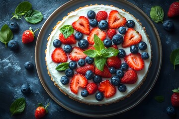 Wall Mural - Fresh Summer Berry Tart with Strawberries, Blueberries, and Mint Garnish for Dessert Inspiration