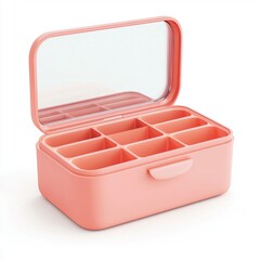 Foldable makeup organizer case with removable dividers and a transparent lid, isolated on a clean white background