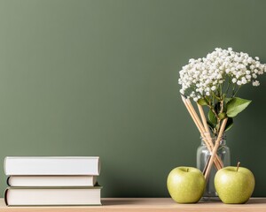 Aufkleber - Eco-Educational Display Textured Stacked Textbooks with Chalkboard and Fresh Apples - Visual Content for Modern Learning Spaces and Sustainable Academic Branding
