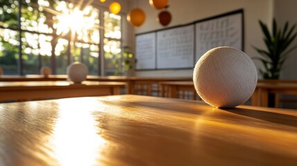 Poster - Sunlit Scandinavian-Inspired Classroom Textured Wooden Desks with Interactive Learning Aids Enhancing Digital Education for Modern Schools