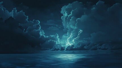 a lightning striking in the distance over an ocean, with dark clouds overhead creating dramatic ligh