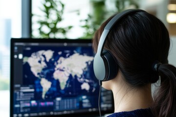 Poster - Modern Virtual Team Dynamics Tech-Inspired Collaboration in a Seoul Office with Headphones and Digital Interface - Business Innovation and Cross-Cultural Synergy