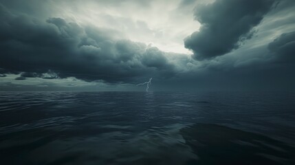 a lightning striking in the distance over an ocean, with dark clouds overhead creating dramatic ligh