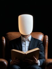 Poster - Minimalist Cozy Reading Nook Faceless Individual in Leather Armchair with Vintage Books - Atmospheric Ambiance for Modern Interior Design and Conceptual Art Marketing