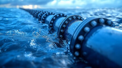 A submerged pipeline glimmers in calm blue waters under the sun