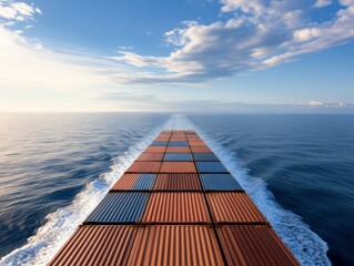 Poster - Aerial Maritime Commerce Aesthetic Drone View of Cargo Vessel with Shipping Containers - Global Trade Content and Modern Logistics Efficiency