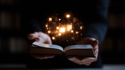 Fototapete - Futuristic Reading Ambiance Silhouette Reaching for Floating Book Icons - Innovative Learning Visuals for Tech-Driven Educational Content and Digital Library Branding
