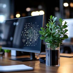 Fototapete - Minimalist Workspace Security Projection Digital Interface Graph with Network Symbols on Monitor and Glass Planter - Tech Innovation and Hybrid Office Productivity
