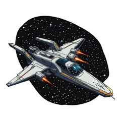 Wall Mural - Cartoon spaceship soaring through a starry sky, vibrant colors, whimsical design, transparent background for versatile use