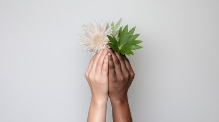 Aufkleber - Inclusive Floral Collaboration Diverse Hands Holding White Chrysanthemum and Green Foliage - Modern Business Unity and Social Content for Cultural Connection Campaigns