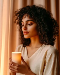Aufkleber - Contemporary Chic Smart Home 25-Year-Old Indian Woman Engaging Voice-Controlled Window Blinds via Neutral Smart Assistant for Modern Living and Home Comfort