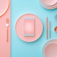 Fototapete - Minimalist Smart Dining Sleek Tableware with Integrated Tablet for Lighting and Music Control in Modern Home - Enhancing Digital Lifestyle and Contemporary Interior Design