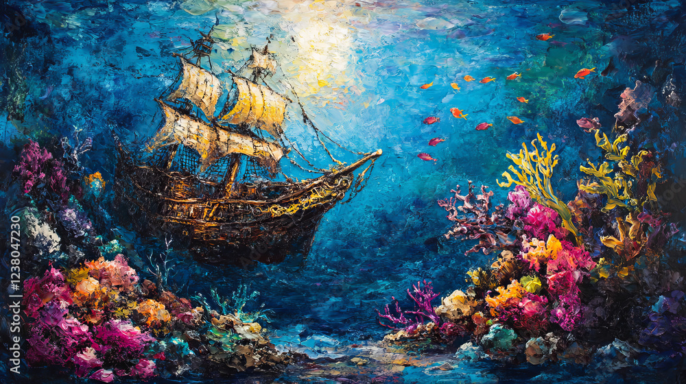 Cartoon underwater landscape game background with sunken pirate ship on ...