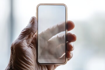 Poster - Elegant Tech Engagement Elderly Hand with Streamlined Smartphone Displaying Video Call Interface in Serene Library Light - Senior Connectivity and Enhanced Digital Comfort