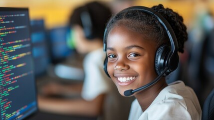 Aufkleber - Teen Tech Revolution Vibrant Coding in School Lab with Headset - Empowering Young Innovators in Education and Modern Startup Culture for Digital Mastery