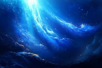 ethereal blue light beams through dark, swirling water, creating a mystical underwater scene.