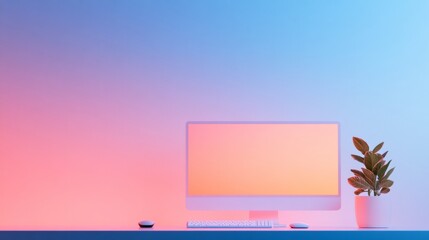 Aufkleber - Contemporary Workspace Aesthetics Minimalist Dual-Screen Desk Setup with Ambient Lighting - Optimized for Hybrid Work and Tech-Driven Productivity in Modern Offices