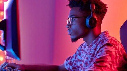 Aufkleber - Neon-Technic Remote Work Young Man in Minimalist Home Office with Headphones, Focus on Late-Night Cyber Tasks - Digital Business Solutions and Enhanced Online Security