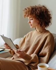 Leinwandbilder - Contemporary Home Workspace Young Woman Sketching on Tablet with Stylus in Cozy Living Room Modern Lifestyle and Creative Business Innovation with Soft Neutral Aesthetics