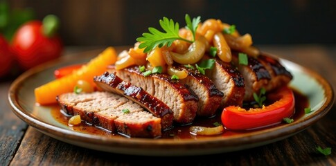 Wall Mural - oven-baked pork brisket with caramelized onions and bell peppers, baked, pork, roasted