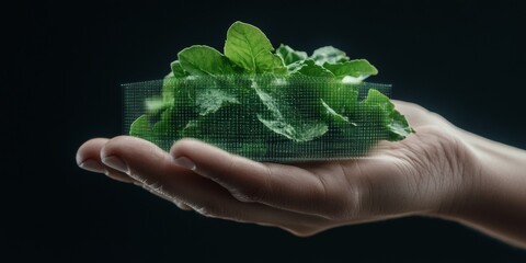 Aufkleber - Digital Garden Interface Holographic Greens Cradled in Hand - Futuristic AgriTech Visualization for Smart Farming and Environmental Sustainability Advocacy