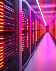 Fototapete - Neon-Lit Server Room Aesthetic Advanced Network Infrastructure with Equipment Racks and Monitoring, Enhancing Cybersecurity in Modern Data Centers for Optimal Performance