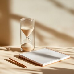 Poster - Minimalist Desk Aesthetics Glass Sand Timer with Open Notebook and Pen - Enhancing Corporate Focus and Mindfulness for Modern Office Spaces