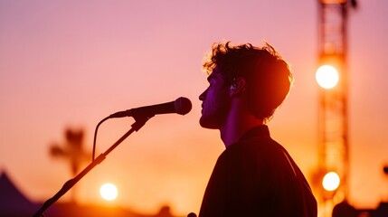 Aufkleber - Sunset Silhouette Concert Young Performer on Outdoor Stage with Cutting-Edge Audio Gear - Vibrant Music Promotion for Modern Entertainment and Audience Engagement