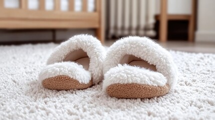 Wall Mural - Soft sheepskin slippers create a warm and inviting atmosphere on a white carpet, ideal for relaxation and comfort in a stylish home