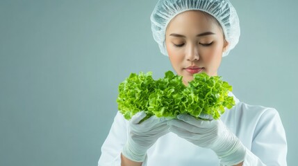 Aufkleber - Futuristic AgTech Insight Asian Female Scientist in Vertical Farm with Lush Lettuce and LED Lighting - Precision Agriculture and Smart Food Production