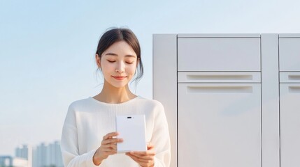 Aufkleber - Urban Eco-Tech Hub Sleek Parcel Locker Station with QR Innovation - Modern Sustainable Delivery for Young Professionals in a Minimalist Cityscape