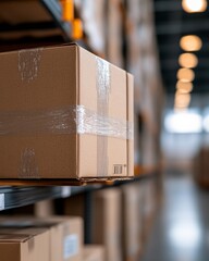 Poster - Streamlined Industrial Aesthetic Cardboard Boxes on Metal Shelving in Modern Warehouse - Logistics Efficiency and Supply Chain Optimization for Smart Storage Solutions
