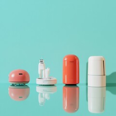 Aufkleber - Contemporary Home Robotics Showcase Miniature Toy Robots on Reflective Surface - Vibrant Tech Aesthetic for Smart Living and Digital Marketing Innovations