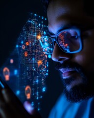 Aufkleber - High-Tech Digital Currency Interface South Asian Man, Mid-30s, Engaged with Smartphone Hologram in Neon-Lit Home Office - Cutting-Edge Fintech and Crypto Solutions in Modern Workspaces