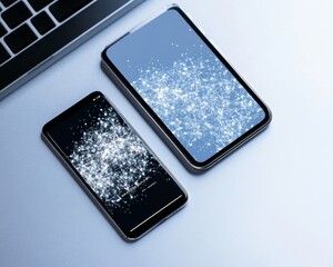Aufkleber - Sleek Tech Integration Modern Smartphone and Tablet with Digital Wallet Interfaces on Metallic Gradient Surface - Fintech Solutions for Evolving Workspaces and Futuristic Transactions