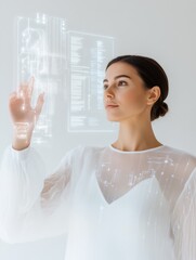 Aufkleber - Holographic Interface Experience Latina Woman Engaged with Futuristic Digital Display in Neon-Lit Workspace - Cutting-Edge Business Tech and Data Visualization