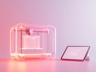 Poster - Neon-Lit Tech Workspace Translucent Model Printing with LED Panels and Digital Interface - Innovative Architecture and Design for Modern Workplaces