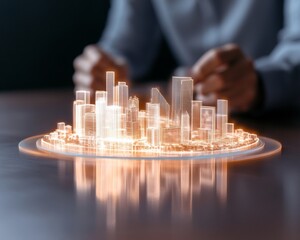 Aufkleber - Holographic Cityscape Projection Interactive Glass Table Display Illuminates Smart Urban Planning - Innovative Design Solutions for Tech-Savvy Professionals