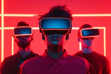 Fototapete - Futuristic VR Gaming Diverse Young Adults Engaged in Neon-Lit Virtual Reality Session - Dynamic Tech for Entertainment and Interactive Digital Marketing