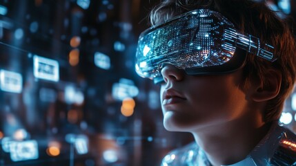 Aufkleber - Futuristic Advent VR Young Man in Metallic Space with AI Holograms - Enhanced Interactive Experience for Tech Innovation and Digital Marketing