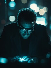 Aufkleber - Futuristic Tech Noir White Mid-30s Man with AR Glasses in Dimly Lit Room - Holographic Interface for Cutting-Edge Business Innovation and Interactive Marketing Solutions