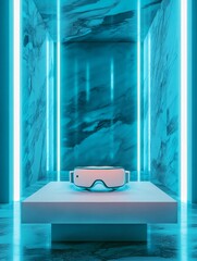 Aufkleber - Futuristic Tech Minimalist Room VR Glasses on Sleek Marble Table Illuminated by LED Strips - Innovative Media Lounge and Experiential Design for Modern Businesses