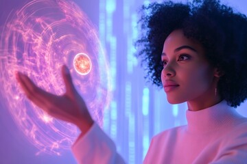 Leinwandbilder - Neon Futurism Black Female Engineer with Holographic Solar System Interface - Cutting-edge Space Visualization and Tech Lab Innovation